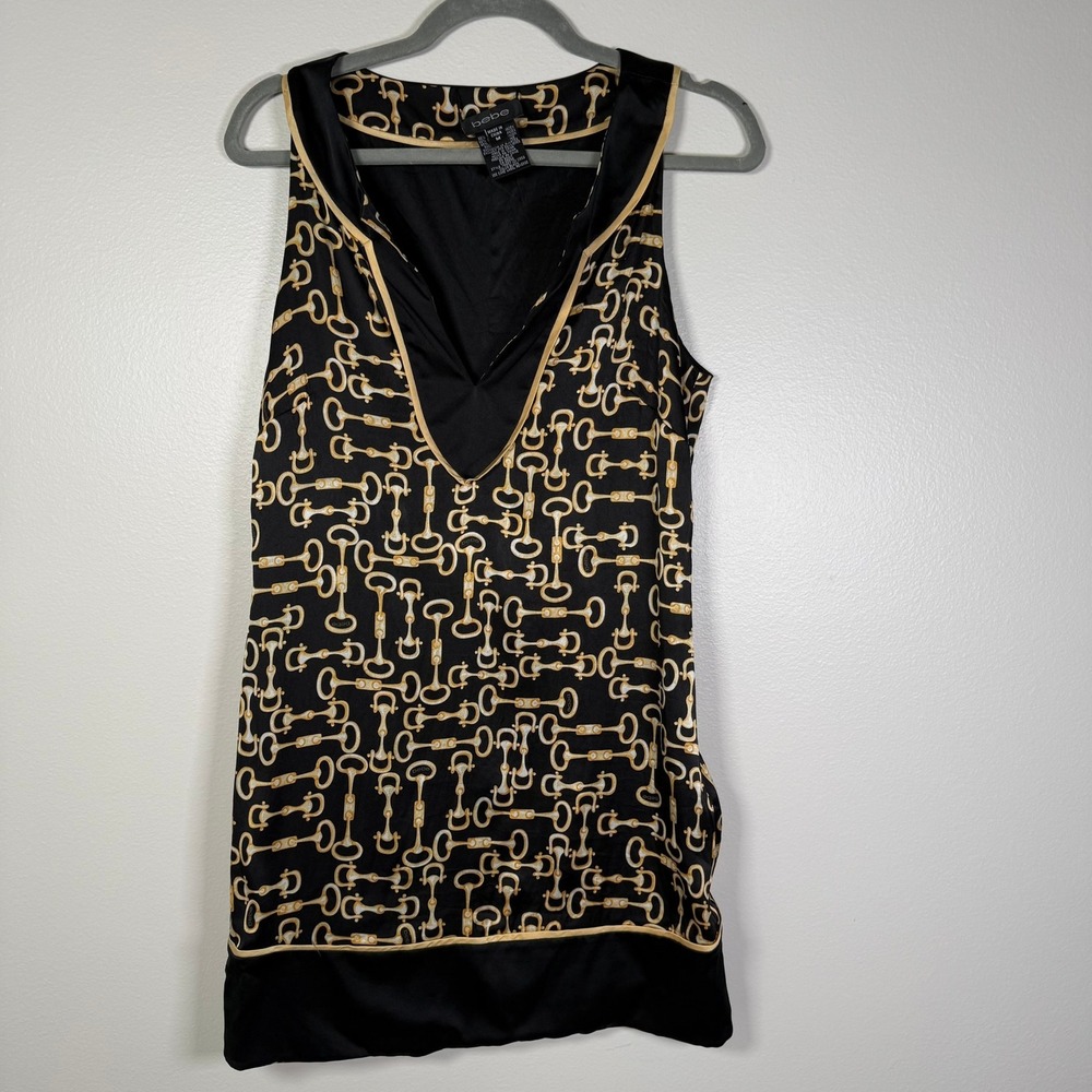 Bebe Tunic Dress Womens Medium Black Gold Equestrian Silk Blend Sleeveless VNeck